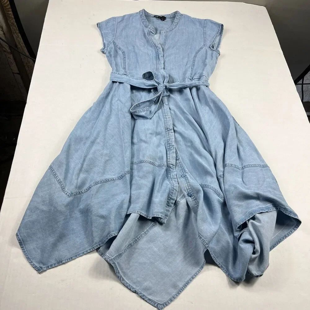 DKNY Asymmetric Midi Dress Blue Chambray Short Sleeve Waist Tie Relaxed Fit 2